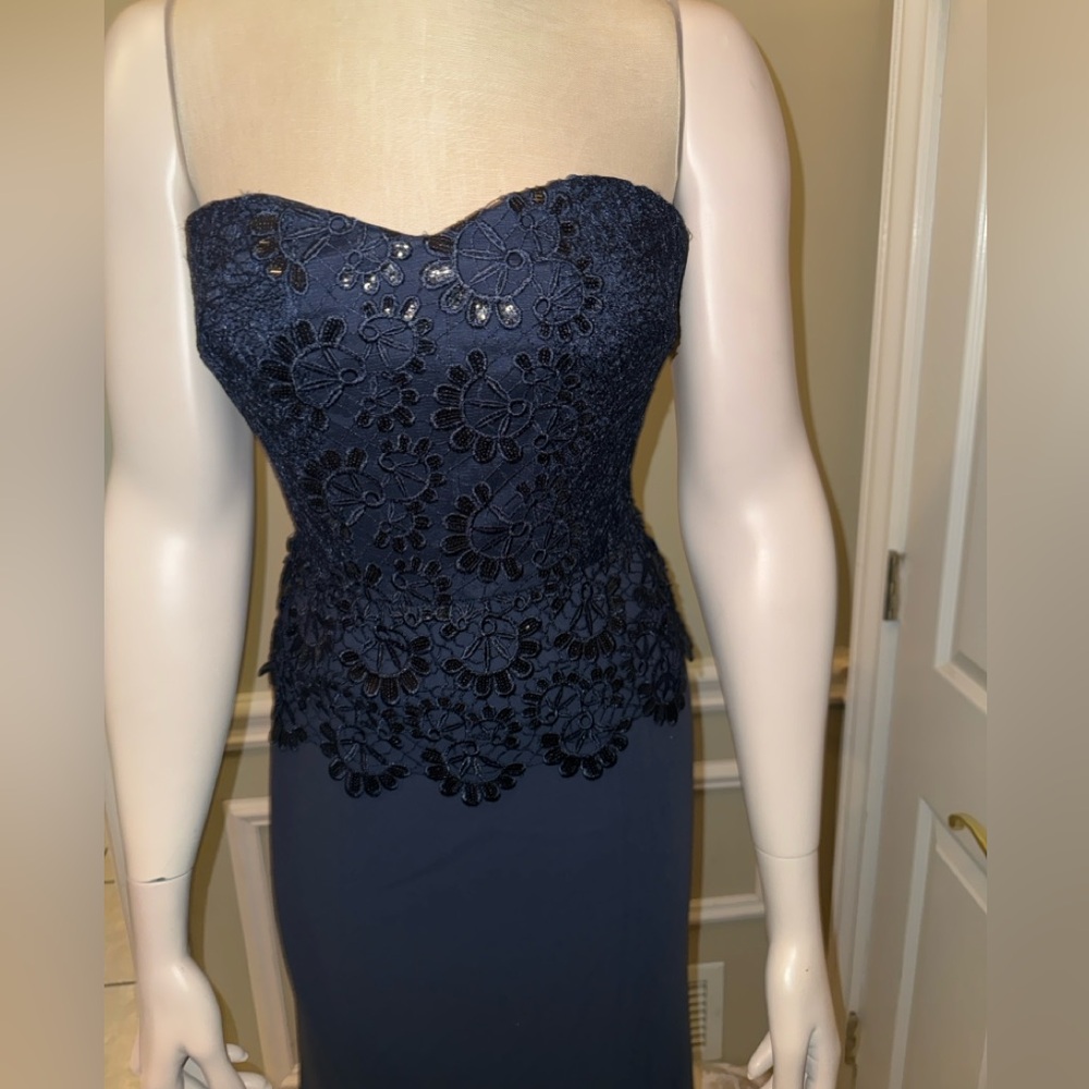 AIDAN MATTOX TEXTURED LACE PEPLUM GOWN Bridesmaid Wedding Guest NAVY-Sizes 0-12
